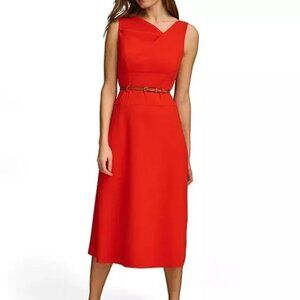 Donna Karan NEW 6 Orange Belted Sleeveless A Line Dress Sundress Cowl Collar